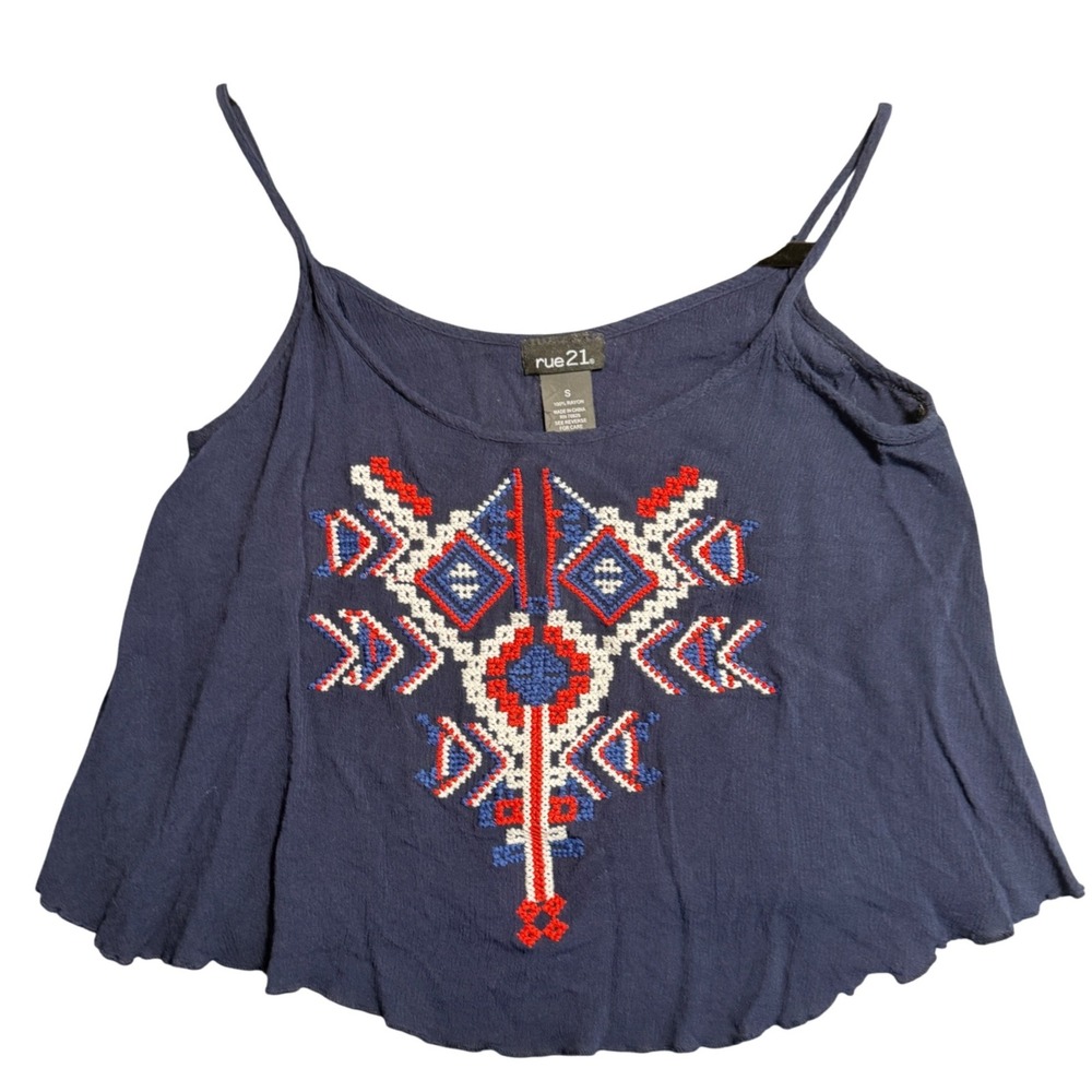 Womens Small Navy Blue Embroidered Boho Cropped Cami Tank Top‎ Rayon
